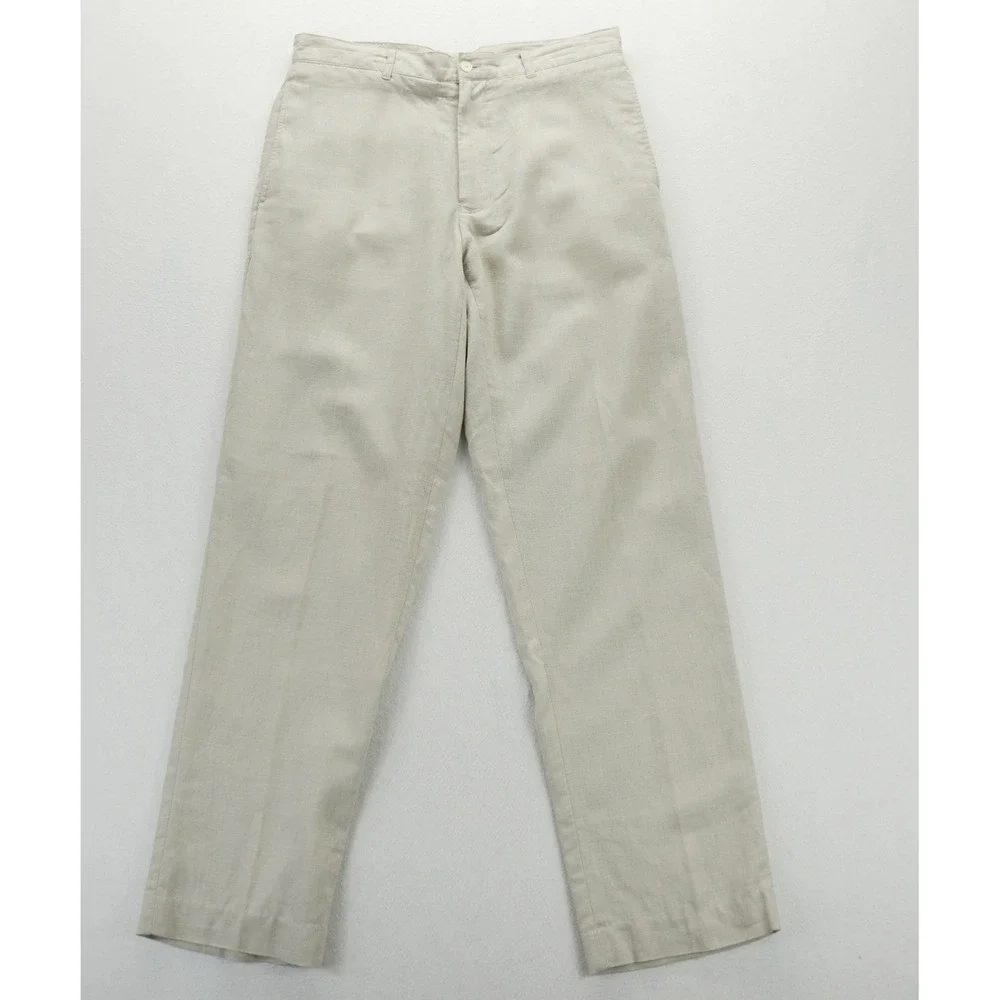 Alan Flusser Mens Linen Blend Flat Front Trousers Beige Stone 32x32 Straight Leg